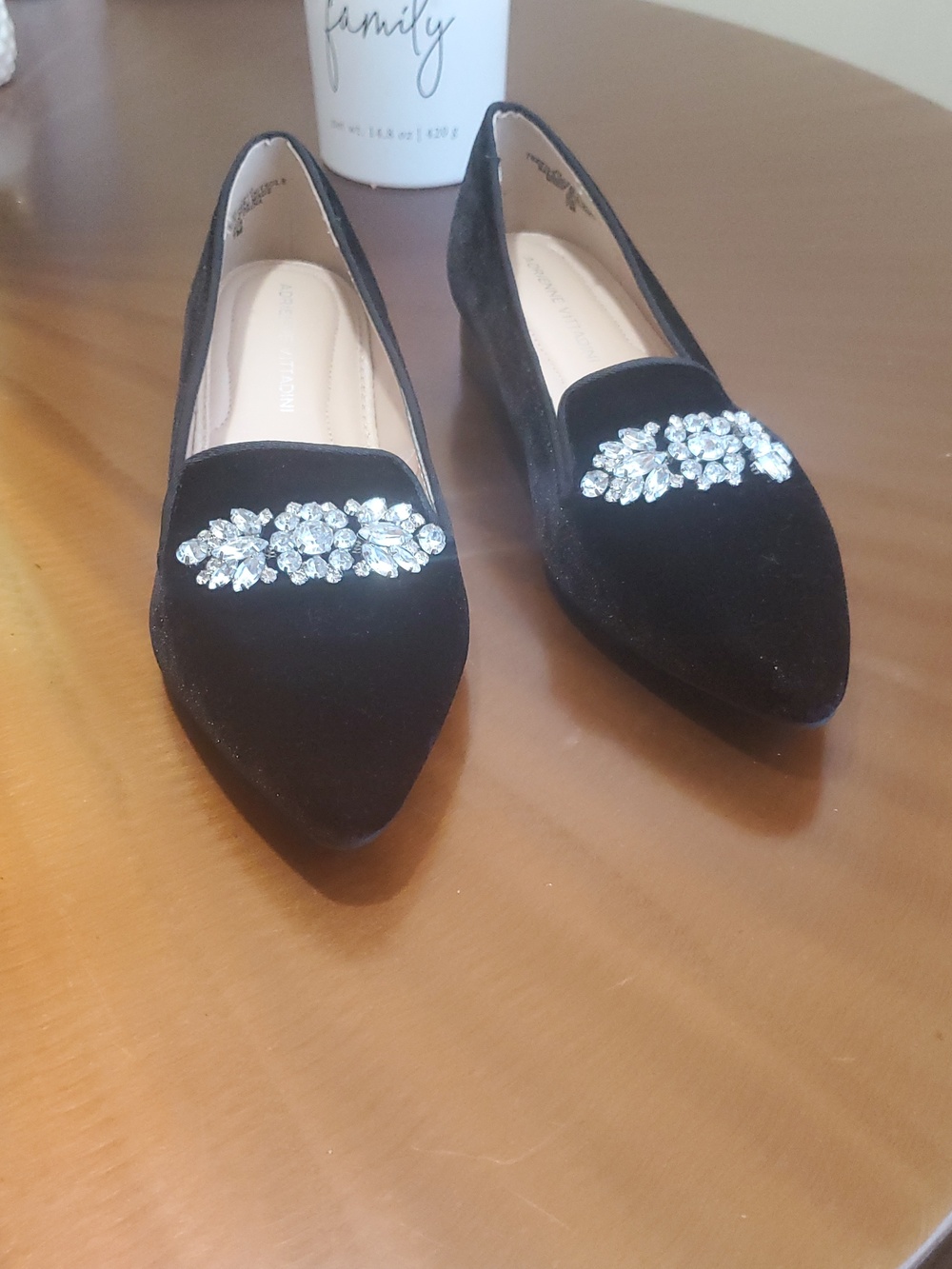 Adrienne Vittadini Black Velvet Pointed Toe Flats with Crystal Embellishment